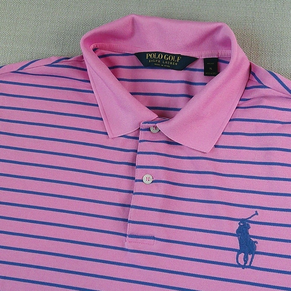 Polo Golf Ralph Lauren Polo Shirt Mens XL Pink Blue Striped Pro Fit Performance